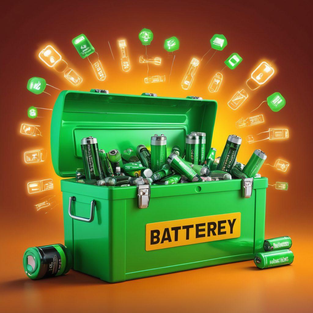 A dynamic scene featuring an open toolbox filled with various types of batteries surrounded by glowing promotional signs and price tags. Emphasize energy efficiency with green accents and a vibrant background that suggests savings and technology. Include elements like a light bulb symbolizing ideas and electricity, and a person happily comparing battery deals. modern design. vibrant colors. super-realistic.