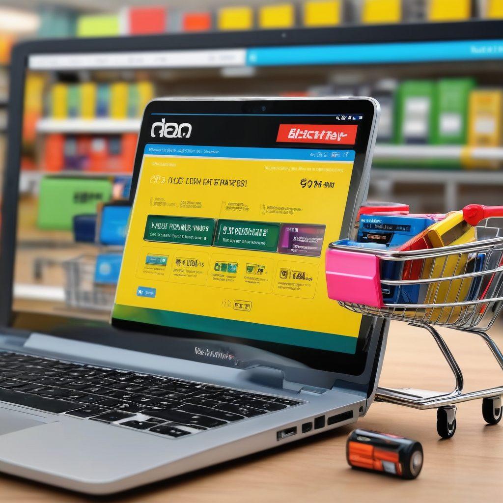 A stylish laptop and a smartphone displaying an online shop for batteries, surrounded by various battery types (lithium, alkaline, rechargeable) with price tags and discount labels. In the background, a shopping cart filled with batteries and a cheerful shopper comparing prices. Bright colors and modern design elements to convey a sense of smart shopping. super-realistic. vibrant colors.